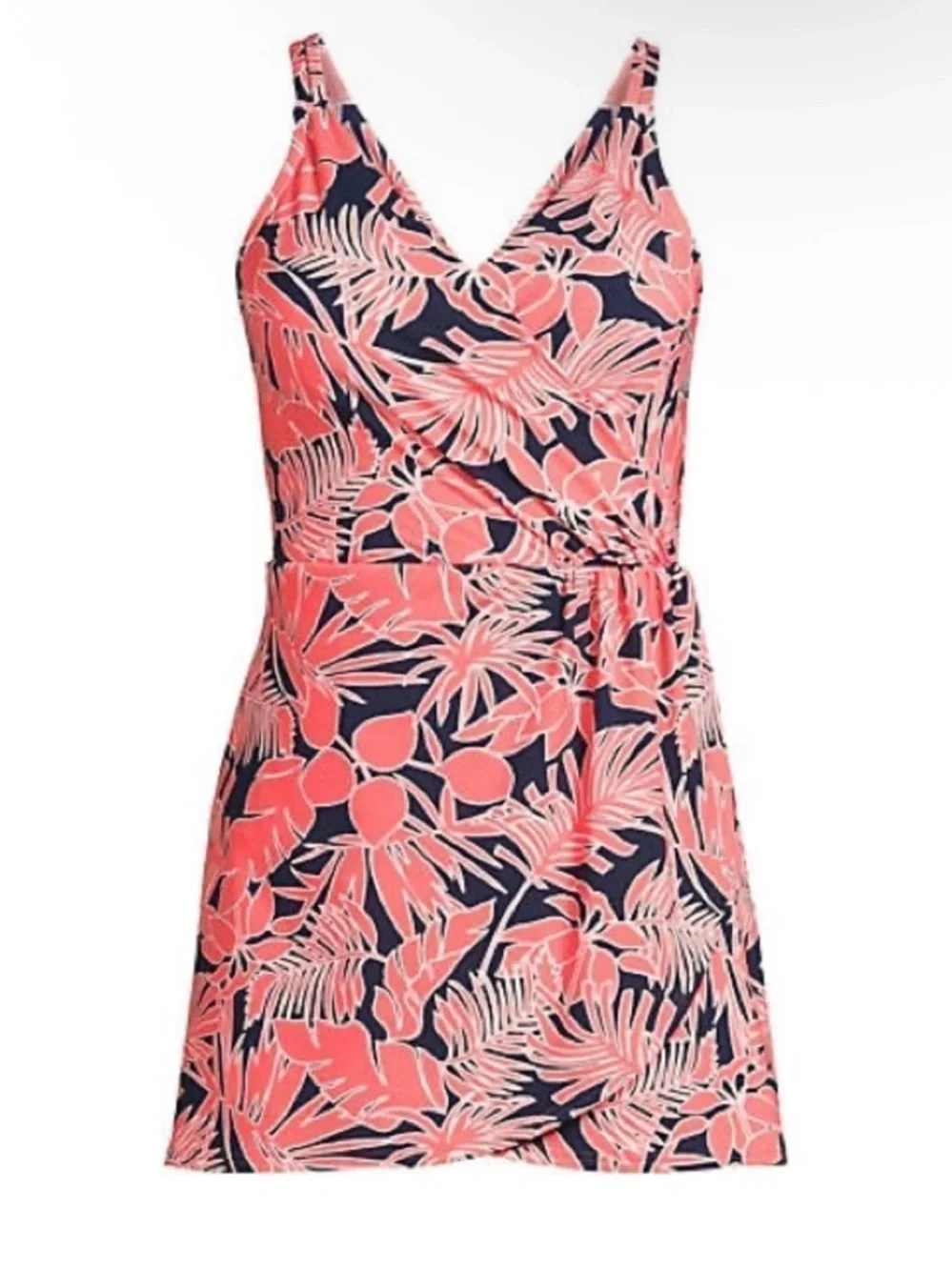 Land’s End Plus Tulip Wrap Wood Lily Palm Navy Blue One Piece Swim Dress- 3X